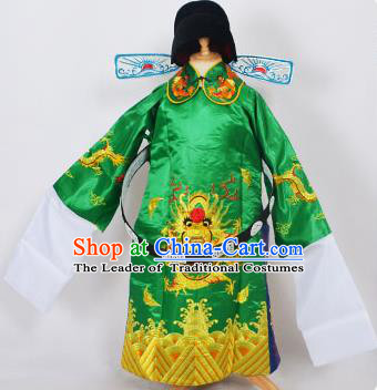 Traditional Chinese Professional Peking Opera Old Men Costume Green Embroidered Robe and Hat, China Beijing Opera Prime Minister Embroidery Robe Gwanbok Clothing