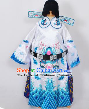 Traditional Chinese Professional Peking Opera Old Men Costume White Embroidered Robe and Hat, China Beijing Opera Prime Minister Embroidery Robe Gwanbok Clothing