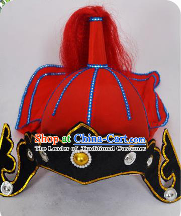 Traditional Handmade Chinese Classical Peking Opera Blues Accessories Red Hat, China Beijing Opera Swordplay Warriors Headwear