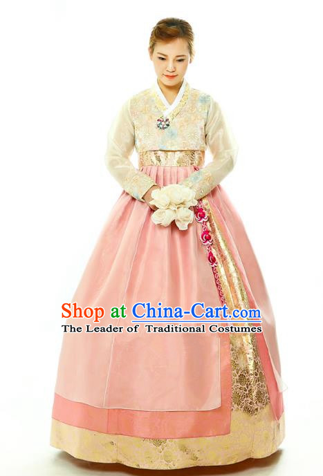Traditional South Korean Handmade Hanbok Embroidery Bride Wedding Pink Dress, Top Grade Korea Hanbok Palace Lady Costume Complete Set for Women