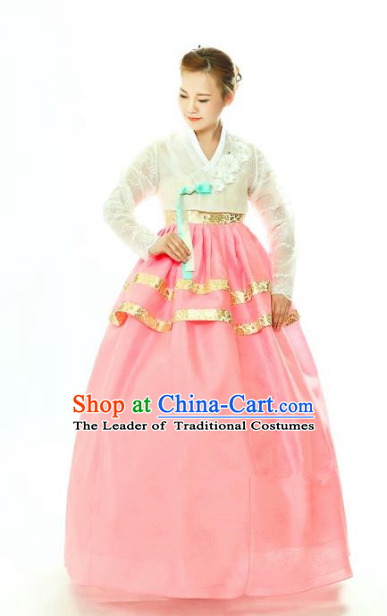Traditional South Korean Handmade Hanbok Embroidery Pink Wedding Full Dress, Top Grade Korea Hanbok Bride Costume Complete Set for Women