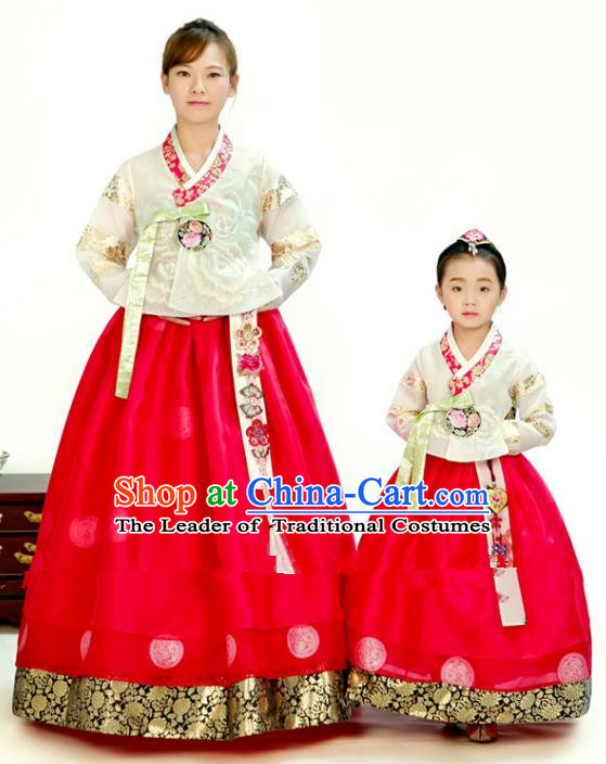 Traditional South Korean Handmade Hanbok Embroidery Red Clothing, Top Grade Korea Hanbok Costume Complete Set for Women for Kids