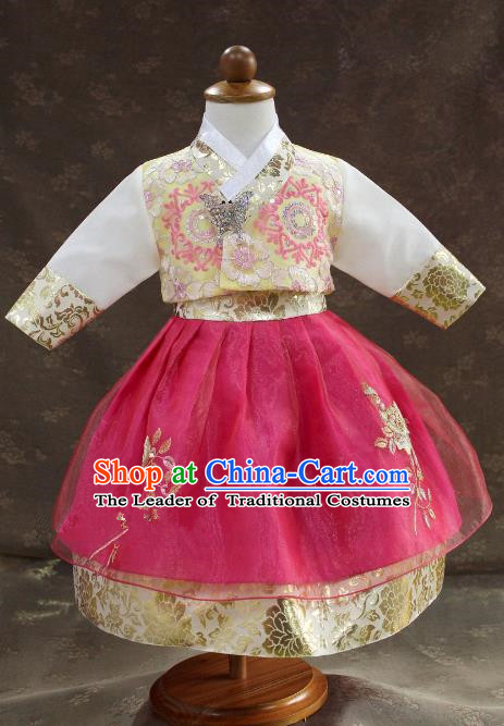 Traditional South Korean Handmade Hanbok Children Little Princess Birthday Customization Embroidery Rosy Dress Complete Set, Top Grade Korea Royal Hanbok Costume for Kids