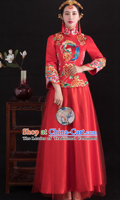 Traditional Ancient Chinese Wedding Costume Handmade XiuHe Suits Embroidery Peony Longfeng Gown Bride Toast Cheongsam Dress, Chinese Style Hanfu Wedding Clothing for Women