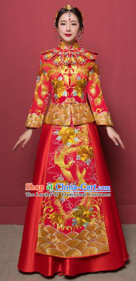 Traditional Ancient Chinese Wedding Costume Handmade Delicacy Embroidery Dragon and Phoenix XiuHe Suits, Chinese Style Wedding Dress Flown Bride Toast Cheongsam for Women