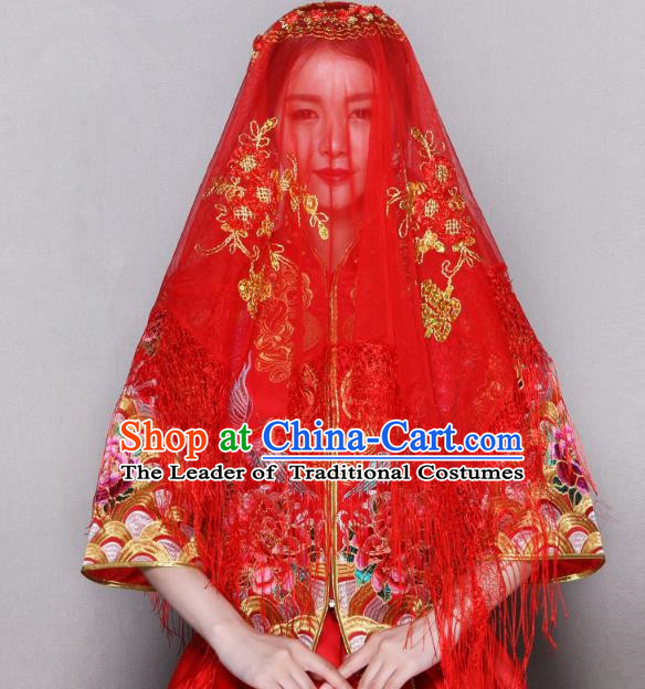 Traditional Ancient Chinese Wedding Embroidery Tassel Lace Red Veil, Chinese Style Wedding Red Bridal Veil for Women