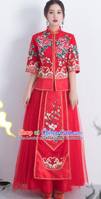 Traditional Ancient Chinese Wedding Costume Handmade Delicacy Embroidery Peony XiuHe Suits Longfeng Flown, Chinese Style Hanfu Wedding Toast Cheongsam for Women