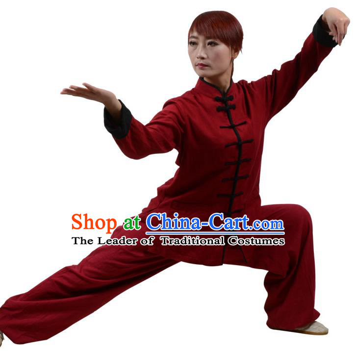 Top Kung Fu Linen Costume Martial Arts Costume Kung Fu Training Clothing, Tai Ji Plated Buttons Wine Red Uniform Gongfu Wushu Clothing for Women for Men