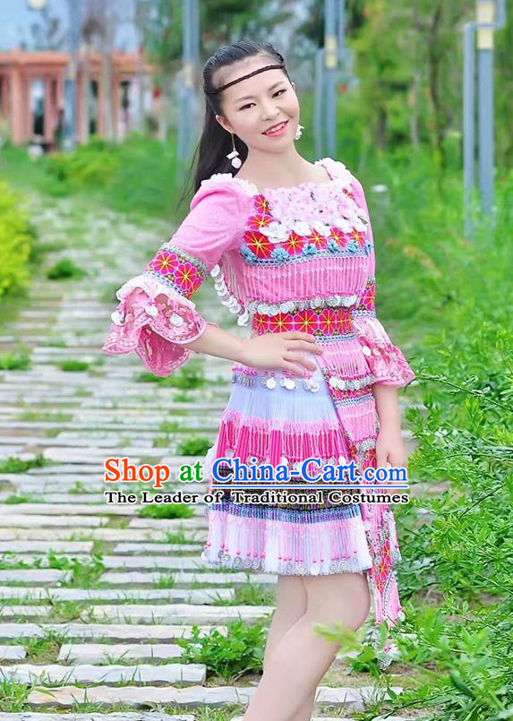 Traditional Chinese Miao Nationality Costume, Hmong Folk Dance Ethnic Pink Short Tassel Pleated Skirt, Chinese Minority Nationality Embroidery Clothing for Women