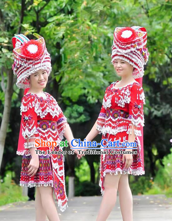 Traditional Chinese Miao Nationality Costume and Headwear, Hmong Folk Dance Ethnic Red Short Tassel Pleated Skirt, Chinese Minority Nationality Embroidery Clothing for Women