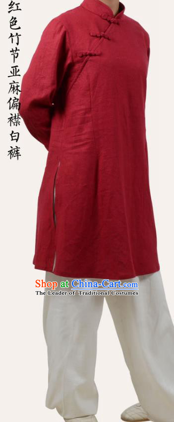 Top Grade Linen Martial Arts Costume Kung Fu Training Slant Opening Plated Buttons Clothing, Tai Ji Red Uniform Gongfu Wushu Costume for Women for Men