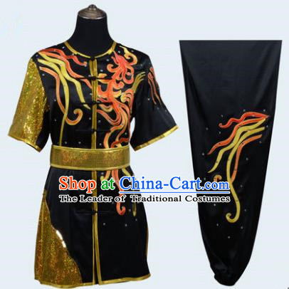 Top Grade Martial Arts Costume Kung Fu Training Embroidery Black Clothing, Long Fist Tai Ji Uniform Gongfu Wushu Costume for Women for Men