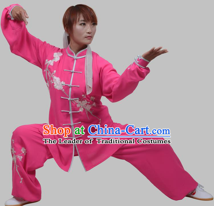 Top Grade China Martial Arts Costume Kung Fu Training Embroidery Plum Blossom Clothing, Chinese Embroidery Tai Ji Rosy Uniform Gongfu Wushu Costume for Women