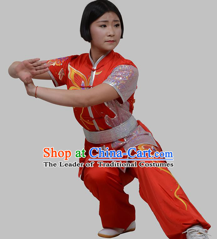 Top Grade China Martial Arts Costume Kung Fu Training Embroidery Butterfly Clothing, Chinese Embroidery Tai Ji Red Uniform Gongfu Wushu Costume for Women