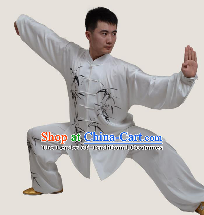 Top Grade China Martial Arts Costume Kung Fu Training Ink Painting Bamboo Clothing, Chinese Tai Ji Uniform Gongfu Wushu Costume for Men