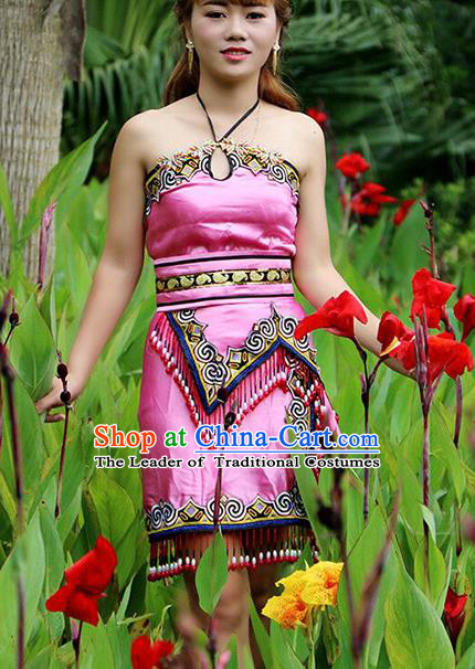 Traditional Chinese Miao Nationality Dance Costume, Hmong Female Folk Dance Ethnic Pink Short Pleated Skirt, Chinese Minority Nationality Embroidery Costume for Women