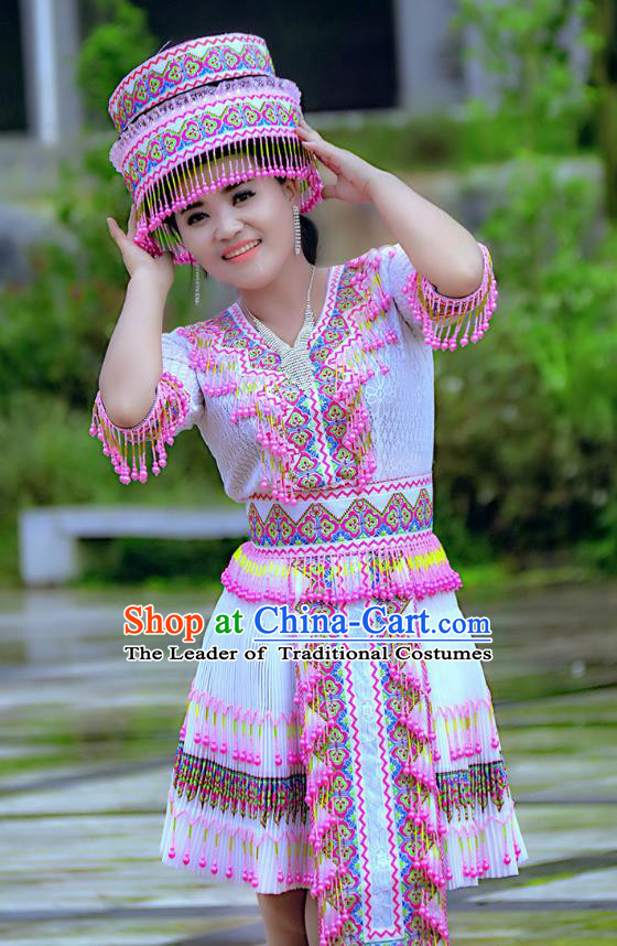 Traditional Chinese Miao Nationality Wedding Costume and Hat, Hmong Young Lady Folk Dance Ethnic Blue Pleated Skirt, Chinese Minority Nationality Embroidery Clothing for Women