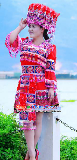 Traditional Chinese Miao Nationality Wedding Costume, Hmong Young Lady Folk Dance Ethnic Red Pleated Dress, Chinese Minority Nationality Embroidery Clothing for Women