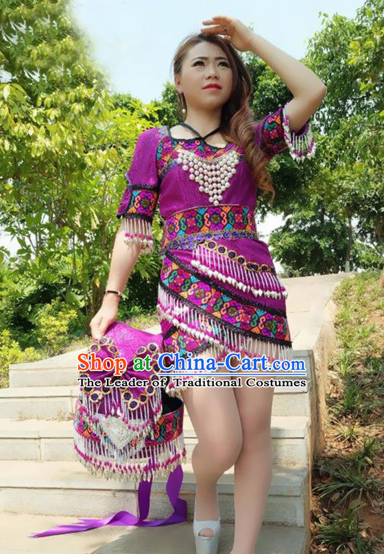 Traditional Chinese Miao Nationality Costume and Headwear, Hmong Folk Dance Ethnic Short Purple Dress, Chinese Minority Nationality Embroidery Clothing for Women