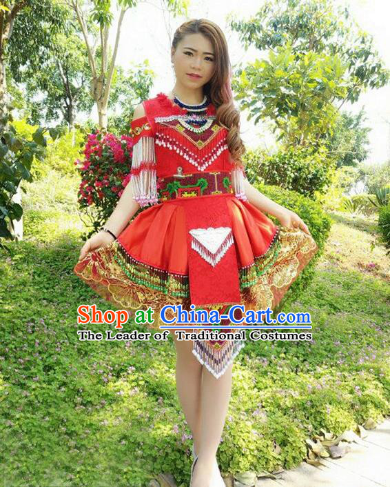 Traditional Chinese Miao Nationality Wedding Costume, Hmong Folk Dance Ethnic Red Tassel Short Pleated Skirt, Chinese Minority Nationality Embroidery Clothing for Women