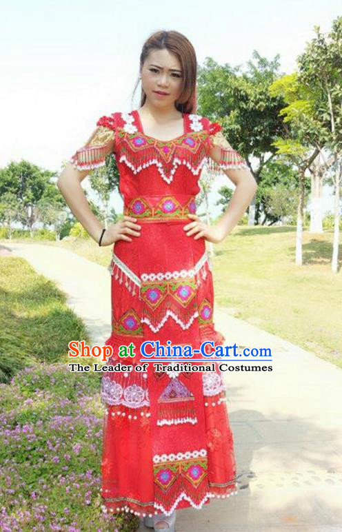 Traditional Chinese Miao Nationality Wedding Costume, Hmong Folk Dance Ethnic Tassel Long Red Pleated Skirt, Chinese Minority Nationality Embroidery Clothing for Women