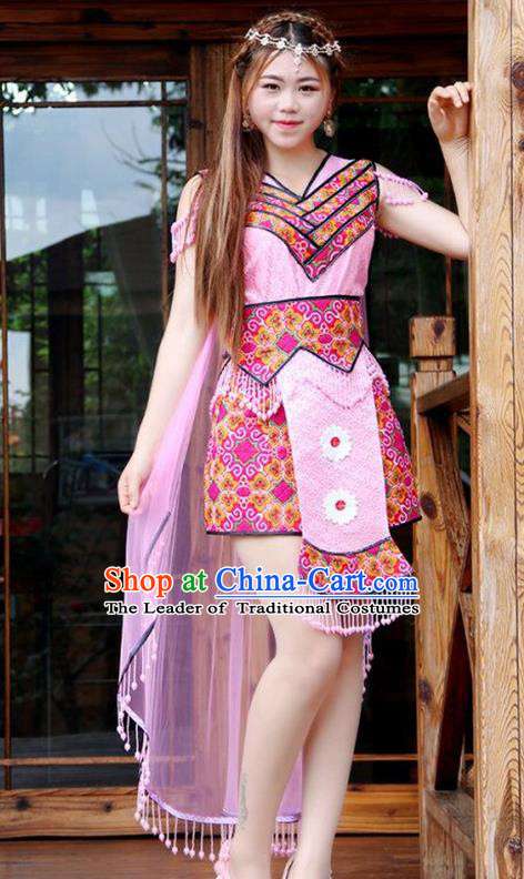 Traditional Chinese Miao Nationality Wedding Costume, Hmong Folk Dance Ethnic Pink Pleated Skirt, Chinese Minority Nationality Embroidery Clothing for Women