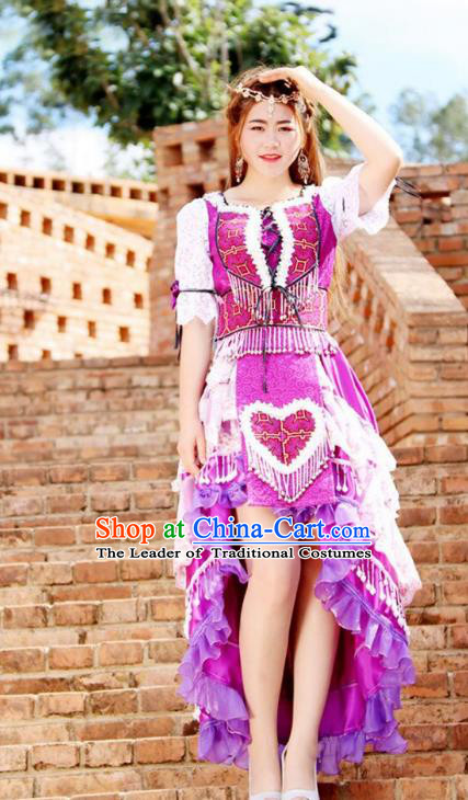 Traditional Chinese Miao Nationality Wedding Bride Costume, Hmong Folk Dance Ethnic Purple Pleated Skirt, Chinese Minority Nationality Embroidery Clothing for Women