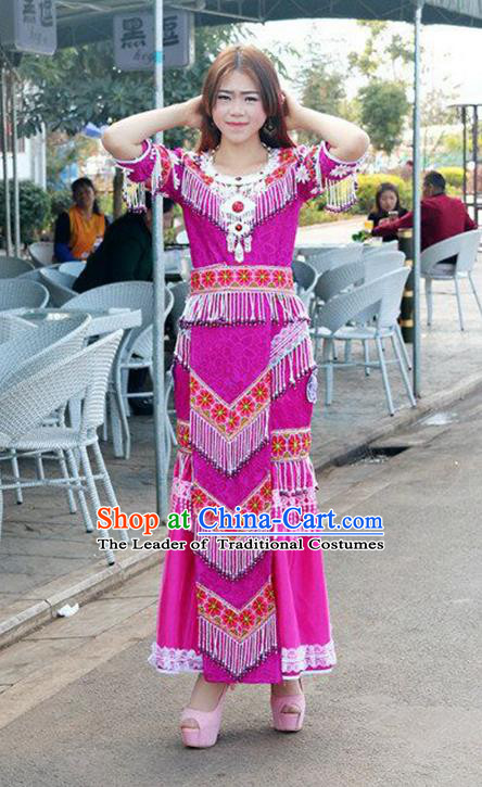 Traditional Chinese Miao Nationality Wedding Bride Costume Rosy Tassel Long Pleated Skirt, Hmong Folk Dance Ethnic Chinese Minority Nationality Embroidery Clothing for Women