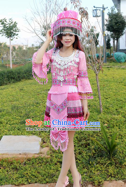 Traditional Chinese Miao Nationality Wedding Costume Embroidered Pink Tassel Pleated Skirt, Hmong Folk Dance Ethnic Chinese Minority Nationality Embroidery Clothing for Women