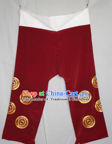 Traditional China Beijing Opera Takefu Costume Wine Red Pants, Ancient Chinese Peking Opera Wu-Sheng Warrior Embroidery Trousers Clothing