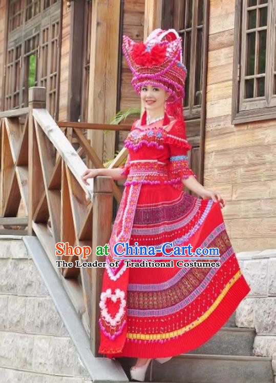 Traditional Chinese Miao Nationality Dancing Costume Hmong Female Folk Dance Ethnic Pleated Skirt Chinese Minority Nationality Embroidery Costume for Women