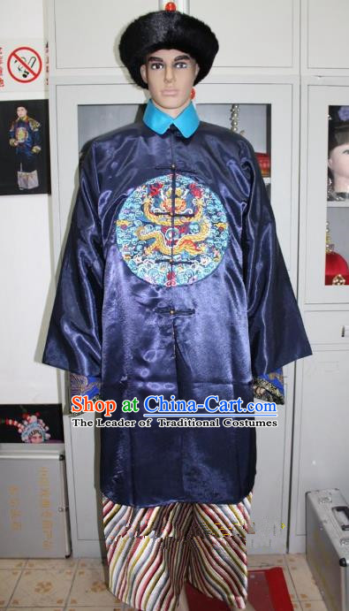 Top Grade Professional Beijing Opera Manchu Niche Costume Prince Blue Embroidered Robe, Traditional Ancient Chinese Peking Opera Qing Dynasty Officer Embroidery Clothing