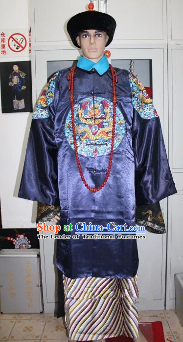 Top Grade Professional Beijing Opera Niche Costume Manchu Prince Blue Embroidered Robe, Traditional Ancient Chinese Peking Opera Qing Dynasty Officer Embroidery Clothing