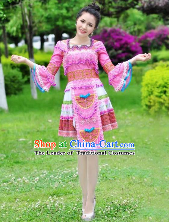 Traditional Chinese Miao Nationality Dancing Costume Hmong Female Folk Dance Ethnic Pleated Skirt Chinese Minority Nationality Embroidery Costume for Women