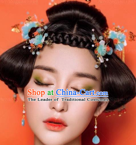 Traditional Handmade Chinese Ancient Classical Hair Accessories Barrettes Xiuhe Suit Blue Flowers Hair Comb Complete Set, Long Tassel Step Shake, Hanfu Hairpins Hair Fascinators for Women