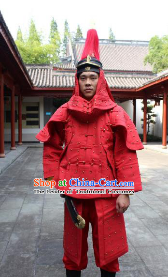 Traditional China Beijing Opera Qing Dynasty General Costume Helmet and Armour, Ancient Chinese Peking Opera Manchu Imperial Bodyguard Warrior Red Clothing