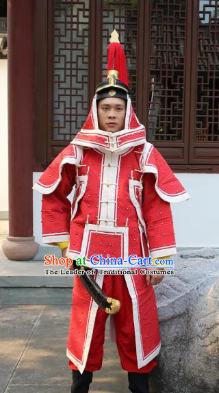 Traditional China Beijing Opera Qing Dynasty General Costume Red Helmet and Armour, Ancient Chinese Peking Opera Manchu Imperial Bodyguard Warrior Clothing