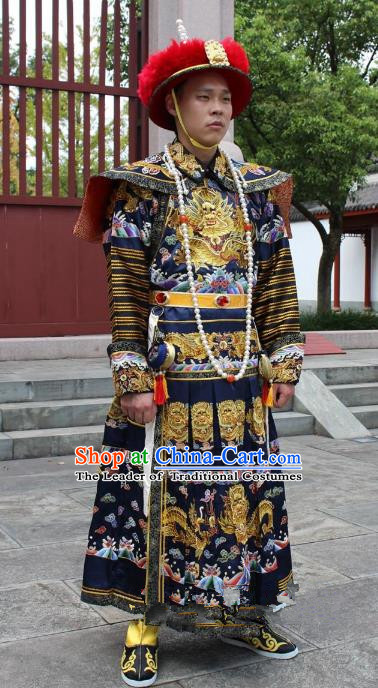 Traditional China Beijing Opera Qing Dynasty Emperor Costume Black Embroidered Robe, Ancient Chinese Peking Opera Manchu Embroidery Dragon Clothing