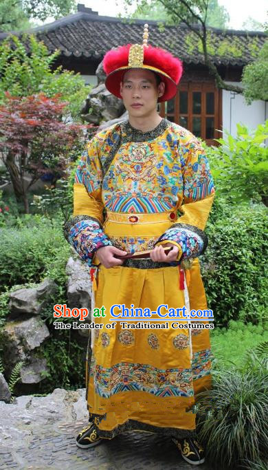 Traditional China Beijing Opera Qing Dynasty Emperor Costume Yellow Embroidered Robe, Ancient Chinese Peking Opera Manchu Embroidery Dragon Clothing