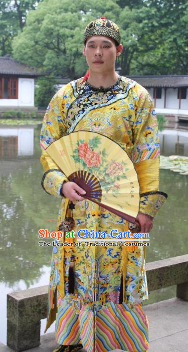Traditional China Beijing Opera Qing Dynasty Emperor Costume Yellow Embroidered Robe, Ancient Chinese Peking Opera Manchu King Embroidery Dragon Clothing