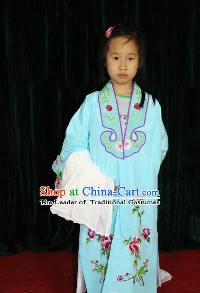 Top Grade Professional Beijing Opera Princess Costume Hua Tan Blue Embroidered Cape, Traditional Ancient Chinese Peking Opera Diva Embroidery Clothing for Kids