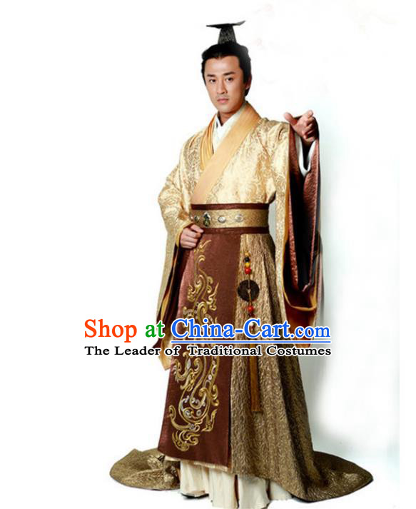 Traditional Chinese Ancient Qin Dynasty Emperor Embroidered Golden Costume, China Han Dynasty Majesty Embroidery Hanfu Clothing