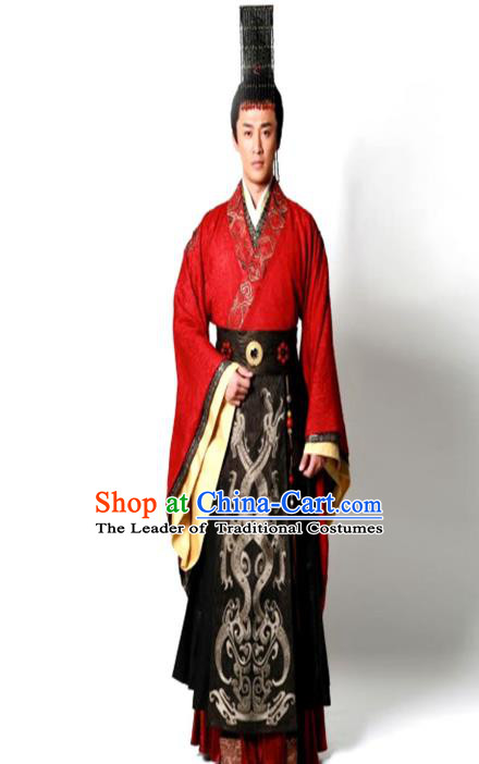 Traditional Chinese Ancient Qin Dynasty Emperor Embroidered Wedding Costume, China Han Dynasty Majesty Embroidery Hanfu Red Robe Clothing