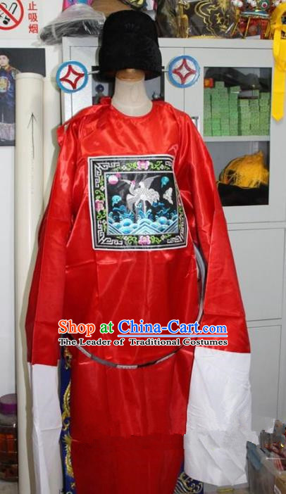 Top Grade Professional Beijing Opera Costume Red County Magistrate Embroidered Robe, Traditional Ancient Chinese Peking Opera Clown Embroidery Gwanbok Clothing