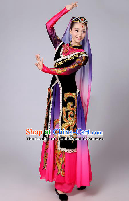Traditional Chinese Uyghur Nationality Dancing Costume, Folk Dance Ethnic Dress Chinese Minority Nationality Uigurian Dance Clothing for Women