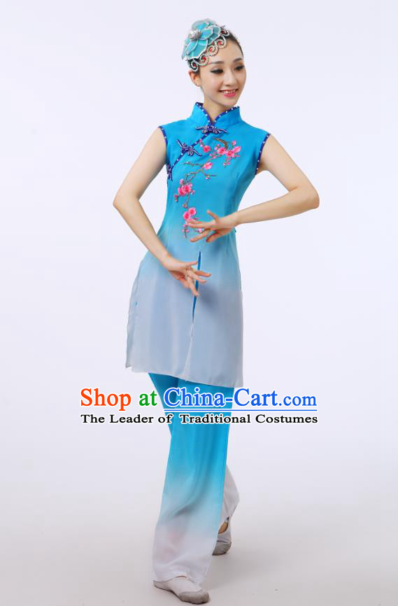 Traditional Chinese Folk Dance Costume Yangge Dance Blue Uniform, Chinese Classical Fan Dance Umbrella Dance Yangko Embroidery Cheongsam Clothing for Women