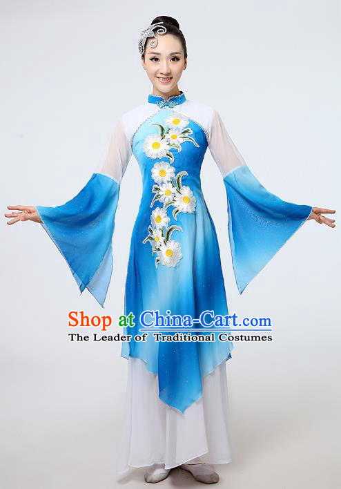 Traditional Chinese Folk Dance Costume Yangge Dance Uniform, Chinese Classical Fan Dance Umbrella Dance Yangko Printing Blue Clothing for Women