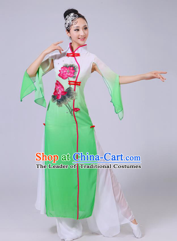 Traditional Chinese Folk Dance Costume Yangge Dance Printing Lotus Green Uniform, Chinese Classical Fan Dance Umbrella Dance Yangko Clothing for Women