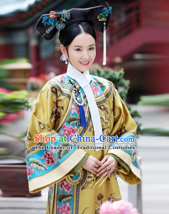 Traditional Ancient Chinese Imperial Consort Costume, Chinese Qing Dynasty Manchu Mandarin Robes Imperial Concubine Embroidered Clothing for Women