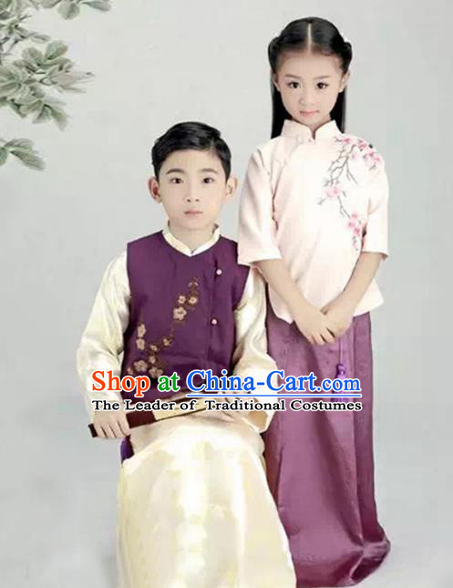 Traditional Chinese Nobility Childe and Lady Costume, Elegant Hanfu Clothing Chinese Ancient Republic of China Embroidery Robe Clothing fir Kids